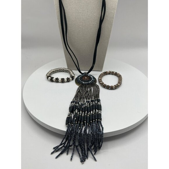 Boho Chic Beaded Necklace & Bracelet Set Statement Jewelry Black & Silver - Picture 1 of 7